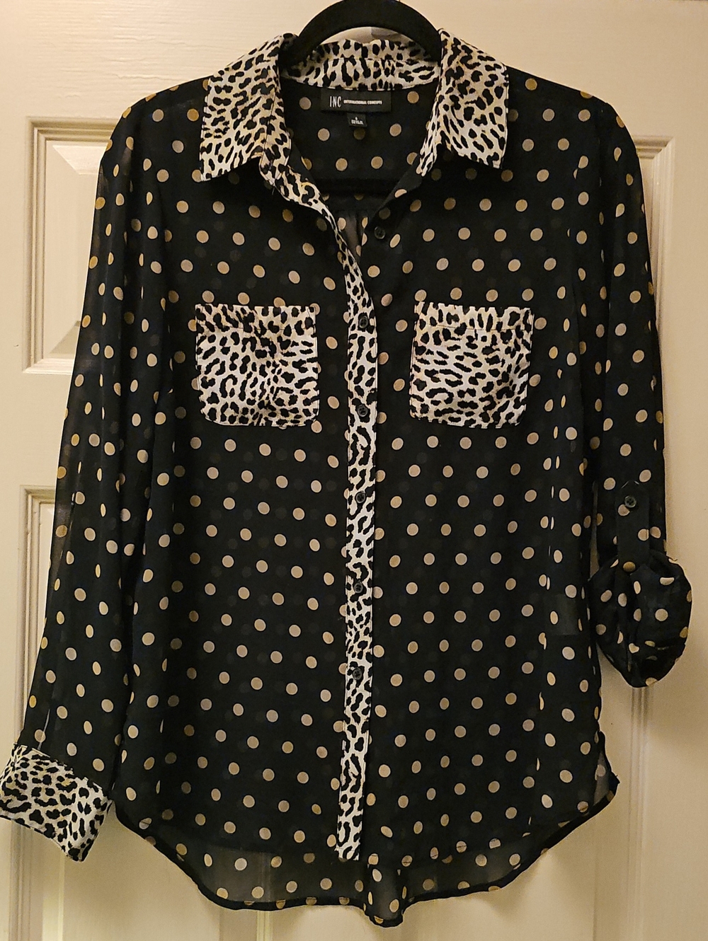 INC International Concepts Black Polka Dot and Leopard Trim Button-Up Blouse